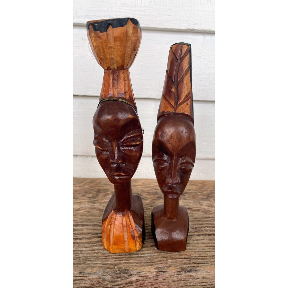 Vintage MCM African Carved Wood Head Busts Woman Man Wire Jewelry